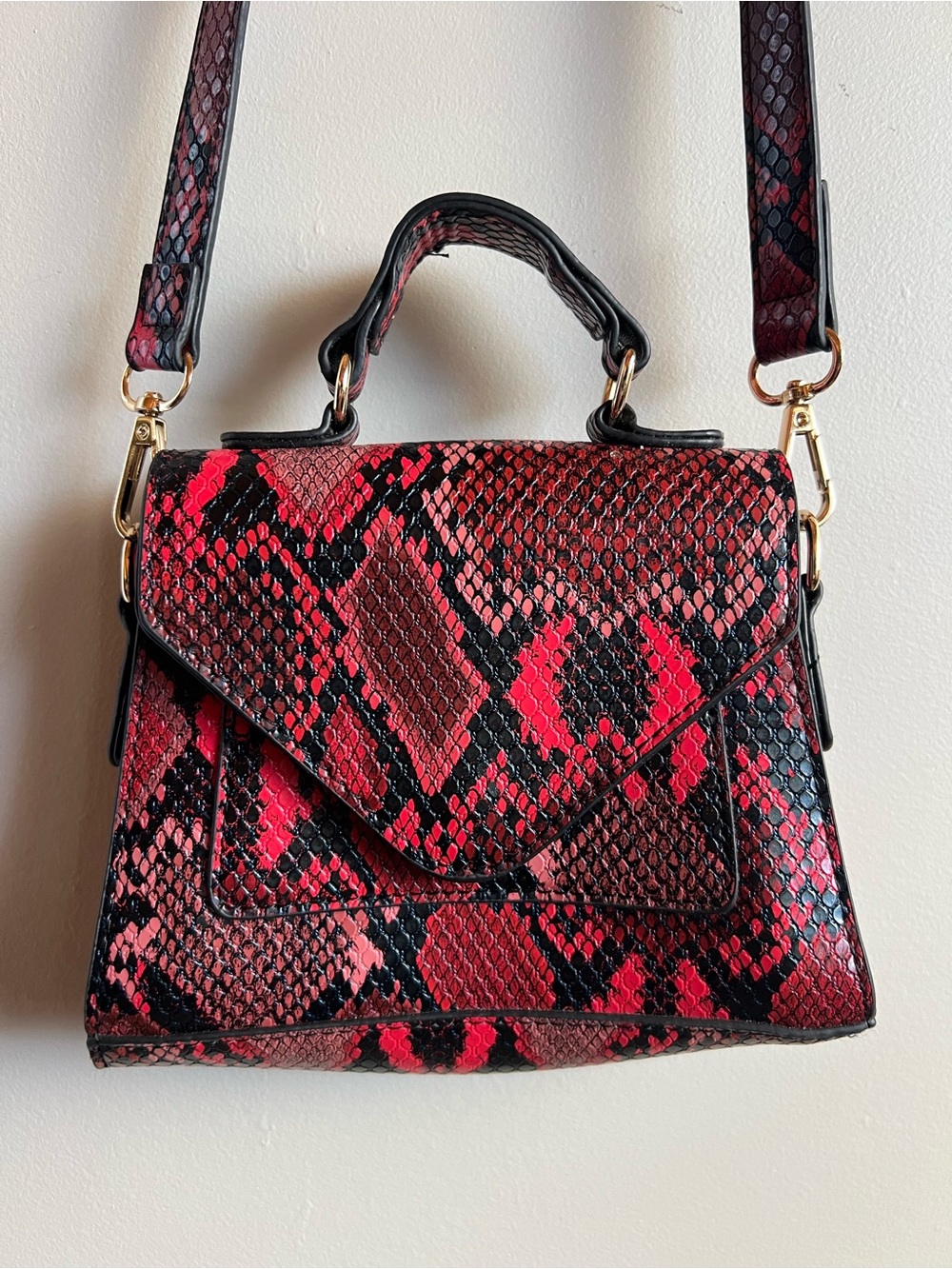 Red Black Snakeskin Print Mini Satchel Purse Top Handle Crossbody Bag Y2K